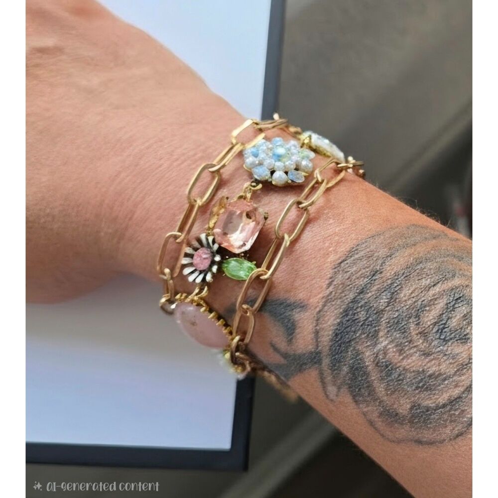 New Gold Tone Floral Crystal Link Cuff Bracelet Triple Strand Paperclip Chain